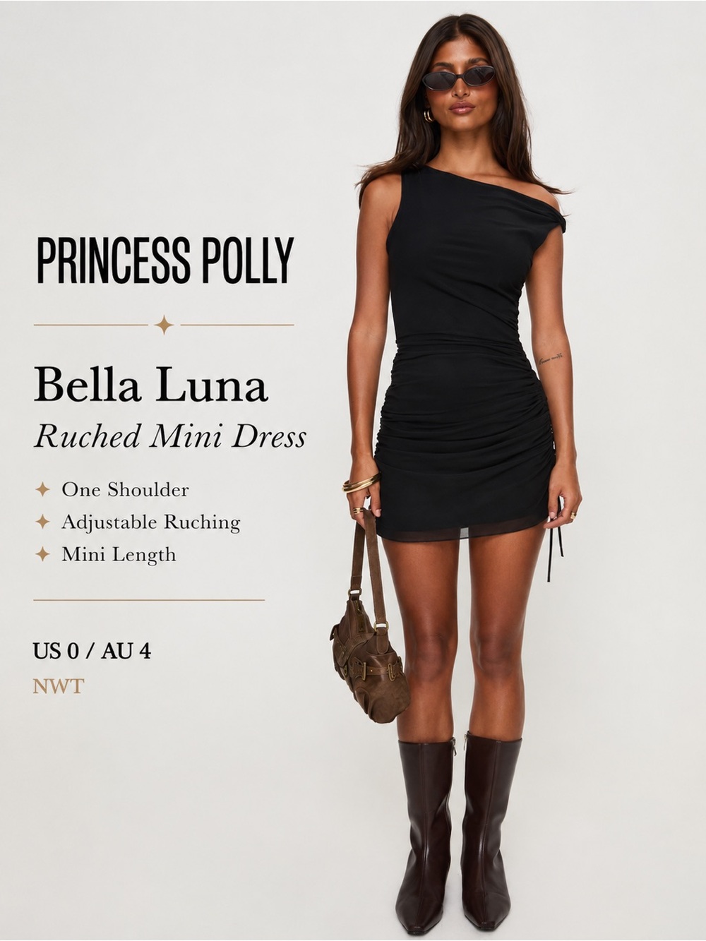 Princess Polly Bella Luna Ruched Mini Dress Black US 0 NWT